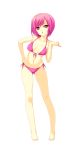  1girl bangs bare_legs bare_shoulders barefoot beatmania beatmania_iidx bikini breasts eyebrows_visible_through_hair full_body hand_on_hip highres kinoshita_ichi long_hair looking_at_viewer medium_breasts navel nyah open_mouth pink_eyes pink_hair short_hair side-tie_bikini simple_background solo swimsuit white_background 