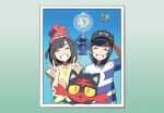  1boy 1girl arm_behind_head bangs baseball_cap beanie black_hair black_hat blue_background bubble closed_eyes diffraction_spikes double_v doyagao female_protagonist_(pokemon_sm) floral_print flying gradient gradient_background hat highres litten male_protagonist_(pokemon_sm) oomura_yuusuke photo_(object) pokemon pokemon_(creature) pokemon_(game) pokemon_sm popplio red_hat rowlet shirt short_hair short_sleeves simple_background smile striped striped_shirt swept_bangs t-shirt tapu_koko tied_shirt upper_body v 
