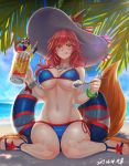 1girl :q absurdres animal_ears beach bikini blue_bikini blue_sky blush bracelet breasts cleavage fate/extra fate/grand_order fate_(series) fox_ears fox_tail hat highres innertube jewelry large_breasts long_hair looking_at_viewer mhg_(hellma) navel necklace ocean palm_tree parfait redhead sandals sitting sky smile solo spoon sun_hat swimsuit tail tamamo_(fate)_(all) tamamo_no_mae_(swimsuit_lancer)_(fate) tongue tongue_out tree wariza wet yellow_eyes 