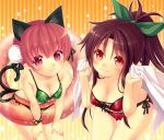 2girls :3 alternate_costume alternate_hairstyle animal_ears bangs bare_arms bare_shoulders bell bikini blush bob_cut bow breasts bun_cover cat_ears cat_tail cleavage closed_mouth collarbone cowboy_shot double_bun extra_ears gluteal_fold green_bikini green_bow hair_bow innertube jingle_bell kaenbyou_rin leaning_forward looking_at_viewer medium_breasts minamura_haruki multiple_girls multiple_tails parted_bangs pink_eyes pointy_ears ponytail red_bikini red_eyes redhead reiuji_utsuho short_hair sidelocks smile swimsuit tail thigh_gap touhou two_tails 