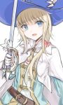  androgynous artist_request belt blonde_hair blue_eyes cape fate/grand_order fate_(series) gloves hair_ribbon hat highres le_chevalier_d&#039;eon_(fate/grand_order) long_hair looking_at_viewer open_mouth ribbon smile solo sword upper_body weapon white_background white_gloves 