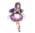  1girl ahoge ankle_ribbon apron dress floating_hair frilled_dress frills full_body hairband holding long_hair looking_at_viewer pointy_ears purple_hair red_eyes red_hairband ribbon short_sleeves simple_background smile solo standing striped striped_ribbon sword_art_online very_long_hair white_apron white_background wrist_cuffs yuuki_(sao) 