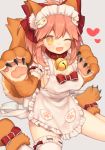  1girl animal_ears apron bell bell_collar breasts cleavage collar fang fate/grand_order fate_(series) fox_ears fox_tail hair_ribbon large_breasts long_hair looking_at_viewer maid_headdress munuko open_mouth paws pink_hair ribbon solo tail tamamo_(fate)_(all) tamamo_cat_(fate) thigh-highs white_legwear yellow_eyes 