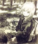  1girl absurdres bench closed_mouth cup drink grass highres holding holding_cup hot_drink jacket looking_at_another looking_at_viewer monochrome original pants short_hair sitting solo steam tokunaga_akimasa traditional_media tree white_hair 