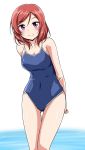  1girl arms_behind_back blue_swimsuit blush breasts cleavage collarbone eyebrows_visible_through_hair highres looking_at_viewer love_live! love_live!_school_idol_project medium_breasts nishikino_maki redhead short_hair smile solo standing swimsuit violet_eyes yopparai_oni 