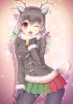  1girl ;d animal_ears antlers bell black_gloves black_legwear blush breasts brown_coat brown_hair coat contrapposto extra_ears eyebrows_visible_through_hair fur_trim gloves gradient_skirt green_ribbon green_skirt hair_between_eyes hair_ribbon hand_on_own_thigh head_tilt highres jingle_bell kemono_friends looking_at_viewer low_twintails medium_breasts one_eye_closed open_mouth pantyhose pink_eyes pleated_skirt red_ribbon red_skirt reindeer_(kemono_friends) reindeer_antlers reindeer_ears reindeer_tail ribbon silhouette skirt smile snowflakes solo sparkle standing tail twintails umitonakai 
