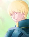  1boy armor back blonde_hair brown_eyes cleive ebi_puri_(ebi-ebi) fire_emblem fire_emblem_echoes:_mou_hitori_no_eiyuuou green_background male_focus mole mole_under_mouth portrait solo teeth 