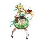  1girl ankle_ribbon blonde_hair breasts chocolate cleavage dress full_body green_eyes green_ribbon hair_between_eyes hair_ribbon heart large_breasts leafa long_hair looking_at_viewer open_mouth outstretched_arm ponytail ribbon short_sleeves sidelocks simple_background solo standing striped striped_ribbon sword_art_online very_long_hair white_background wrist_cuffs 