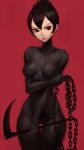  1girl ashi_(samurai_jack) black_eyes black_hair bodypaint breasts chains erect_nipples gluteal_fold highres kusarigama looking_at_viewer medium_breasts oopartz_yang red_background samurai_jack short_hair sickle solo standing thigh_gap weapon widow&#039;s_peak 