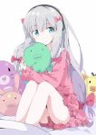  1girl aqua_eyes bangs blush bow closed_mouth comet-kun eromanga_sensei eyebrows_visible_through_hair frills grey_hair hair_bow headphones highres hoshikuzu_witch_meruru izumi_sagiri knees_up legs_together light_frown long_hair long_sleeves looking_at_viewer object_hug pajamas silver_hair solo stuffed_animal stuffed_bunny stuffed_duck stuffed_octopus stuffed_toy tantan_men_(dragon) thighs 