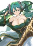  1girl bare_shoulders breasts cleavage etwahl green_eyes green_hair large_breasts league_of_legends light_smile long_hair looking_at_viewer low_neckline pupps solo sona_buvelle twintails 