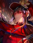  1boy artist_name astarone black_cape black_hair cape closed_mouth dated fate/grand_order fate_(series) hat long_hair male_focus military military_hat military_uniform oda_nobukatsu_(fate/grand_order) ponytail red_eyes sidelocks solo uniform upper_body 