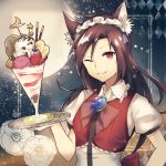  1girl :3 ;) alternate_costume animal_ears argyle banana bow brooch brown_hair chocolate_syrup collar collared_shirt crescent_moon enmaided flower food frilled_collar frills fruit hand_up holding holding_tray ice_cream imaizumi_kagerou jewelry kaio_(watagami) long_hair looking_at_viewer maid maid_headdress moon night night_sky one_eye_closed puffy_short_sleeves puffy_sleeves red_eyes serving shirt short_sleeves sky smile solo sprinkles star star_(sky) starry_sky strawberry sundae touhou tray upper_body vest wing_collar wolf_ears 