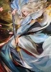  1girl chinese_clothes doji_hotaru fighting_stance glaive highres legend_of_the_five_rings lips long_hair muju nose silver_hair solo watermark wide_sleeves 