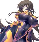  1girl black_bodysuit bodysuit breasts brown_hair covered_navel dutch_angle eyebrows_visible_through_hair hair_ribbon hand_on_own_thigh highres impossible_bodysuit impossible_clothes large_breasts lips long_hair looking_at_viewer lying miyata_sou muvluv muvluv_alternative muvluv_total_eclipse official_art on_side parted_lips pilot_suit ribbon shiny shiny_clothes skin_tight solo takamura_yui teeth transparent_background very_long_hair violet_eyes 