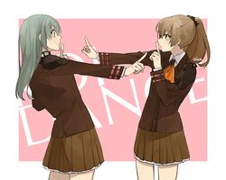  2girls aqua_eyes aqua_hair artist_name ascot blazer blue_eyes blush brown_hair brown_skirt cowboy_shot green_hair hair_ornament high_ponytail hita_(hitapita) index_finger_raised jacket kantai_collection koi_dance kumano_(kantai_collection) long_hair long_sleeves looking_at_another multiple_girls pleated_skirt pointing_finger ponytail school_uniform simple_background skirt smile suzuya_(kantai_collection) 