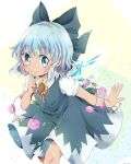  absurdres artist_request blue_bow blue_dress blue_eyes blue_hair bow cirno dress finger_to_cheek flower hidden_star_in_four_seasons highres ice ice_wings leaf looking_at_viewer plant sunflower tan touhou vines wings 