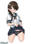  1girl bangs black_panties blue_bow blue_skirt blush bow bow_panties braid brown_eyes brown_hair collarbone cowboy_shot cropped_legs ebifurya eyebrows_visible_through_hair gluteal_fold hair_bow hair_over_shoulder highres kantai_collection lifted_by_self long_hair open_mouth panties pleated_skirt red_bow school_uniform serafuku short_sleeves simple_background single_braid skirt skirt_lift solo sweat twitter_username underwear uranami_(kantai_collection) white_background 