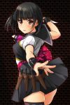  1girl aliasing arms_at_sides bangs beatmania beatmania_iidx black_hair black_legwear black_skirt blush breasts brown_eyes from_side highres holding holding_weapon knife looking_at_viewer matsunaga_kouyou open_mouth short_hair skirt solo thigh-highs weapon 