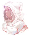  blue_eyes fur_collar gem highres hood jacket long_hair looking_to_the_side menea open_mouth simple_background sketch white_background white_hair 
