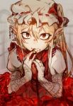  1girl absurdres blonde_hair blood bonnet dress ear_piercing flandre_scarlet highres hiranko looking_at_viewer nail_polish piercing pointy_ears red_eyes red_nails solo tattoo touhou 