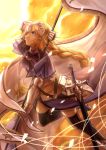  1girl absurdres arm_behind_head armor armored_dress banner black_legwear blonde_hair blue_dress blue_eyes bow braid breasts breasts_apart day dress fate/apocrypha fate_(series) hair_bow highres holding holding_weapon long_hair medium_breasts ruler_(fate/apocrypha) sheath sheathed solo thigh-highs very_long_hair weapon 