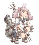  1girl animal animal_on_head badge bunny_on_head cannon frilled_skirt frills hair_bobbles hair_ornament kantai_collection karasu_(naoshow357) kneehighs long_hair machinery mast on_head one_eye_closed pink_eyes pink_hair puffy_short_sleeves puffy_sleeves rabbit remodel_(kantai_collection) sazanami_(kantai_collection) school_uniform serafuku short_sleeves simple_background skirt smokestack squatting torn_clothes turret twintails white_background white_legwear 