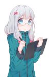  1girl :o aka_aka blue_eyes bow eromanga_sensei glasses hair_bow highres izumi_sagiri jacket long_hair looking_at_viewer pink_bow silver_hair solo stylus table upper_body white_background 