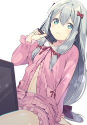  1girl 3: bangs between_legs blue_eyes blush bow closed_mouth dutch_angle eromanga_sensei hair_between_eyes hair_bow highres holding izumi_sagiri long_hair looking_at_viewer natasha_(pommier) navel pajamas silver_hair simple_background sitting solo stylus tablet white_background 