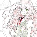  1girl curly_hair glasses green_eyes hel_(matantei_loki_ragnarok) long_hair matantei_loki_ragnarok pen pink_hair smile solo traditional_media 