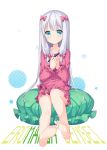  1girl amemiya_ruki aqua_eyes bangs barefoot blue_eyes blush closed_mouth copyright_name eromanga_sensei eyebrows_visible_through_hair feet frills hands_on_own_chest highres holding izumi_sagiri long_hair looking_at_viewer pajamas silver_hair sitting sitting_on_pillow smile soles solo stylus tareme toes transparent_background 