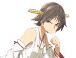  1girl angry bare_shoulders blue_eyes brown_hair clenched_hand clenched_teeth fighting_stance from_side glaring hairband hiei_(kantai_collection) highres kantai_collection nontraditional_miko short_hair simple_background solo teeth tsukamoto_minori upper_body white_background 