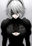  1girl 2017 android black_dress black_hairband blindfold cleavage_cutout closed_eyes covered_eyes dated dress eyelashes gradient gradient_background hairband juliet_sleeves lips long_sleeves mole mole_under_mouth nier_(series) nier_automata puffy_sleeves short_hair signature upper_body wand3754 white_hair yorha_no._2_type_b 