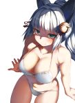  1girl animal_ears aqua_eyes arm_support bell bikini blush breasts cleavage collarbone hisame_shakadou kanpani_girls large_breasts lolicept long_hair looking_at_viewer navel ponytail silver_hair simple_background sitting smile solo swimsuit white_background white_bikini 
