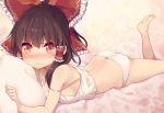  1girl ass bangs barefoot black_hair blush bow hair_bow hair_tubes hakurei_reimu long_hair looking_at_viewer lying minamura_haruki on_stomach panties pillow ponytail red_bow red_eyes sidelocks solo strap_slip tears touhou underwear underwear_only white_panties 