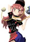  1girl bare_shoulders black_shirt blush breasts clothes_writing collarbone hecatia_lapislazuli long_hair maru_rx medium_breasts miniskirt multicolored multicolored_clothes multicolored_skirt off_shoulder polos_crown red_eyes redhead shirt skirt smile solo t-shirt touhou 