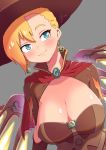  1girl 2016 absurdres alternate_costume asymmetrical_bangs bangs blonde_hair blue_eyes breasts brown_gloves cape cleavage earrings elbow_gloves gloves halloween hat highres jack-o&#039;-lantern jack-o&#039;-lantern_earrings jewelry large_breasts looking_at_viewer mechanical_wings mercy_(overwatch) overwatch rogeris signature smile solo upper_body wings witch witch_hat witch_mercy 
