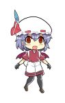  1girl backpack bag colonel_aki cosplay gloves hat hat_feather kaban_(kemono_friends) kaban_(kemono_friends)_(cosplay) kemono_friends lavender_hair looking_at_viewer mob_cap open_mouth pantyhose_under_shorts red_eyes red_shirt remilia_scarlet shirt shoes shorts sidelocks smile solo t-shirt touhou white_background wings 