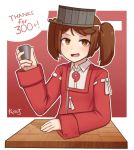  1girl artist_name blush brown_eyes brown_hair english eyebrows_visible_through_hair grey_hat hat jacy jewelry kantai_collection long_sleeves looking_at_viewer necklace open_mouth red_background ribbon ryuujou_(kantai_collection) short_hair smile solo text twintails white_ribbon 
