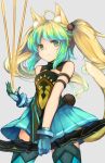  1girl ahoge animal_ears archer_of_red arrow bare_shoulders blonde_hair bow_(weapon) cat_ears cat_tail closed_mouth cowboy_shot dress fate/apocrypha fate_(series) gloves green_dress green_eyes green_gloves green_hair green_legwear hair_bobbles hair_ornament holding_bow_(weapon) long_hair looking_at_viewer multicolored_hair otogi_kyouka solo tail thigh-highs twintails two-tone_hair weapon 