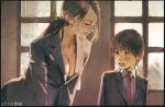  age_difference black_jacket breasts brown_eyes brown_hair child cleavage closed_mouth collared_shirt dated formal highres jacket large_breasts leaning_forward long_hair necktie nose open_mouth original ponytail red_necktie shirt suit teeth window wing_collar zennosuke 