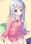  1girl bangs barefoot blue_eyes blush bow breasts circle_name cleavage eromanga_sensei eyebrows_visible_through_hair frills grey_hair hair_bow holding izumi_sagiri long_hair long_sleeves looking_at_viewer pajamas parted_lips pink_background pink_bow silver_hair simple_background sitting small_breasts solo sousouman stuffed_animal stuffed_octopus stuffed_toy stylus sweat sweatdrop tablet wariza 