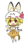  1girl animal_ears blonde_hair bow colonel_aki commentary_request cosplay elbow_gloves flandre_scarlet gloves hat kemono_friends looking_at_viewer mob_cap necktie open_mouth paw_pose red_eyes serval serval_(kemono_friends) serval_(kemono_friends)_(cosplay) serval_ears serval_print shirt shoes side_ponytail skirt sleeveless sleeveless_shirt smile solo thigh-highs touhou wings yellow_background 