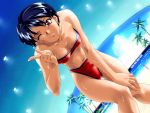  blue_hair breasts cleavage dutch_angle game_cg navel p.s. red_eyes short_hair swimsuit usuda_yoshio wet wink 