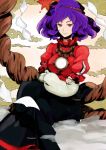 crossed_arms crossed_legs hairband long_skirt mirror purple_hair red_eyes shiba_murashouji short_hair sitting skirt smile touhou yasaka_kanako