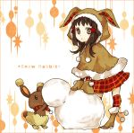  1girl bad_id brown_eyes brown_hair buneary buzz costume hikari_(pokemon) hood mittens pokemon pokemon_(creature) rabbit_ears skirt snowman 