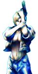  aya_brea blonde_hair blue_eyes breasts cleavage gun jacket jeans midriff official_art open_shirt parasite_eve parasite_eve_ii square_enix standing weapon 