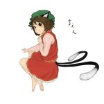  barefoot brown_eyes brown_hair cat_ears cat_tail chen earrings hat iwamochi jewelry looking_back multiple_tails short_hair smile solo tail touhou 