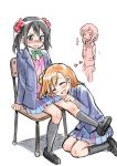  ... 3girls black_hair blazer blush bow brown_hair closed_eyes hair_bow kousaka_honoka love_live!_school_idol_project multiple_girls nishikino_maki open_mouth red_eyes school_uniform short_hair sitting skirt smile twintails yazawa_nico 