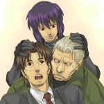 brown_eyes brown_hair formal ghost_in_the_shell ghost_in_the_shell_stand_alone_complex gloves kusanagi_motoko mullet necktie petting purple_hair short_hair smile suit togusa trench_coat trenchcoat white_hair 